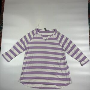 Honeyme Curvy Shirt Top Women 2XL Purple White Striped 3/4 Sleeve Stretch V Neck